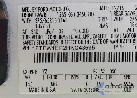 2017 Ford F-150 Xlt from USA, damaged, VIN 1FTEW1EP2HKC43695